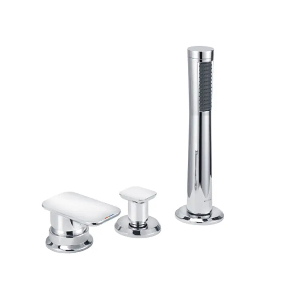 3-teiliges Armaturen-Set von Kludi in Chrom, bestehend aus einem Wannenfüller und einer Handbrause mit passenden Bedienungselementen.